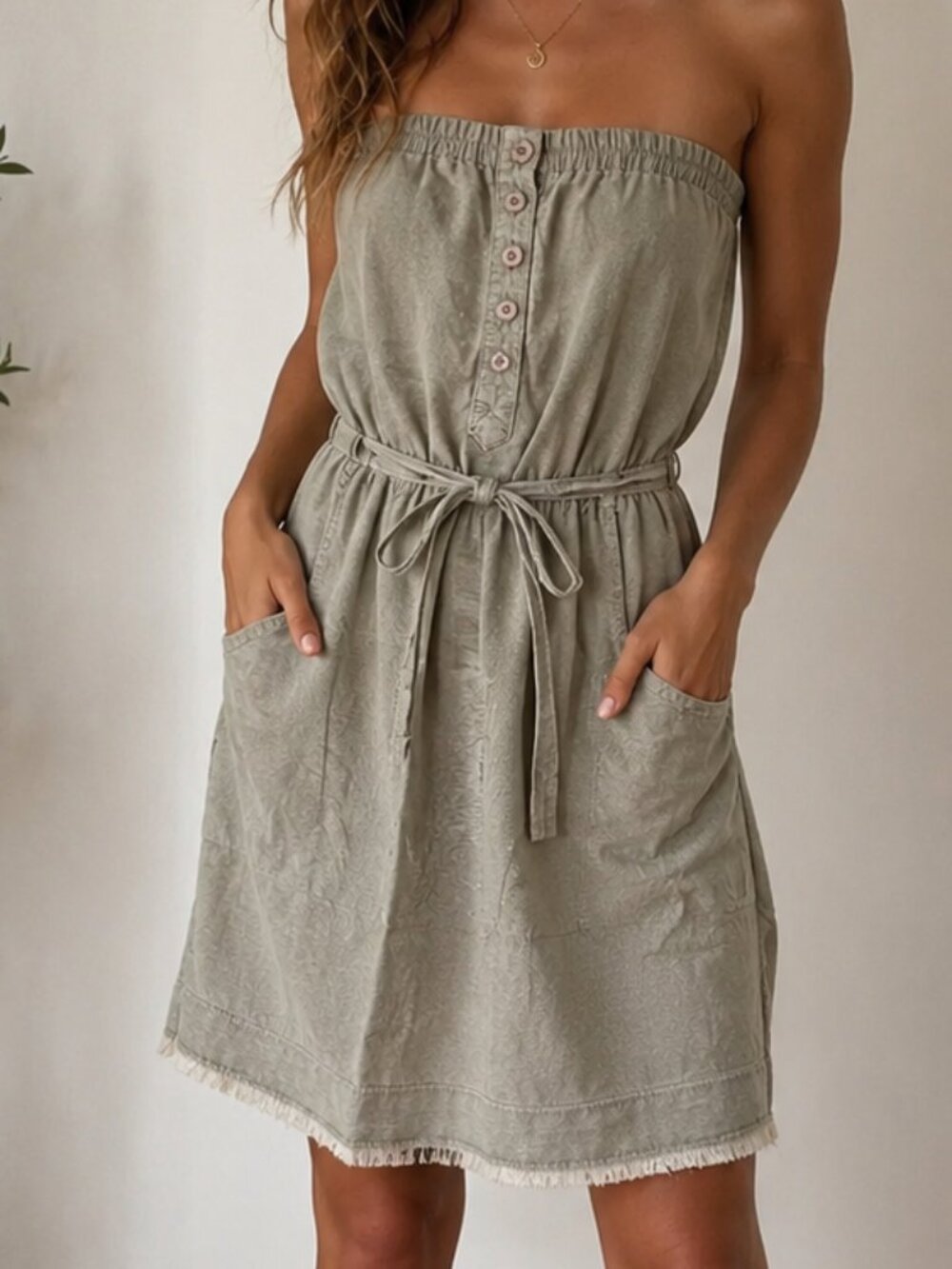 Coastal Bella Dahl Sage Green Strapless Romper Dress Linen Fringed Mini Size M